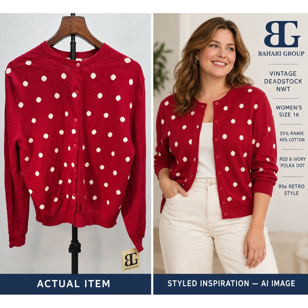 NWT Vintage 80s 90s Red White Polka Dot Cardigan Cotton Sweater Sz 16 Deadstock